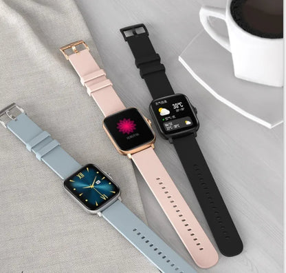 Smart watch with 1.7-inch HD colour touch screen on wrist, showing heart rate data and Bluetooth call interface