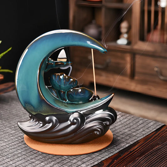 Monochrome glazed porcelain backflow incense burner with smoke waterfall effect and abstract Chinese design