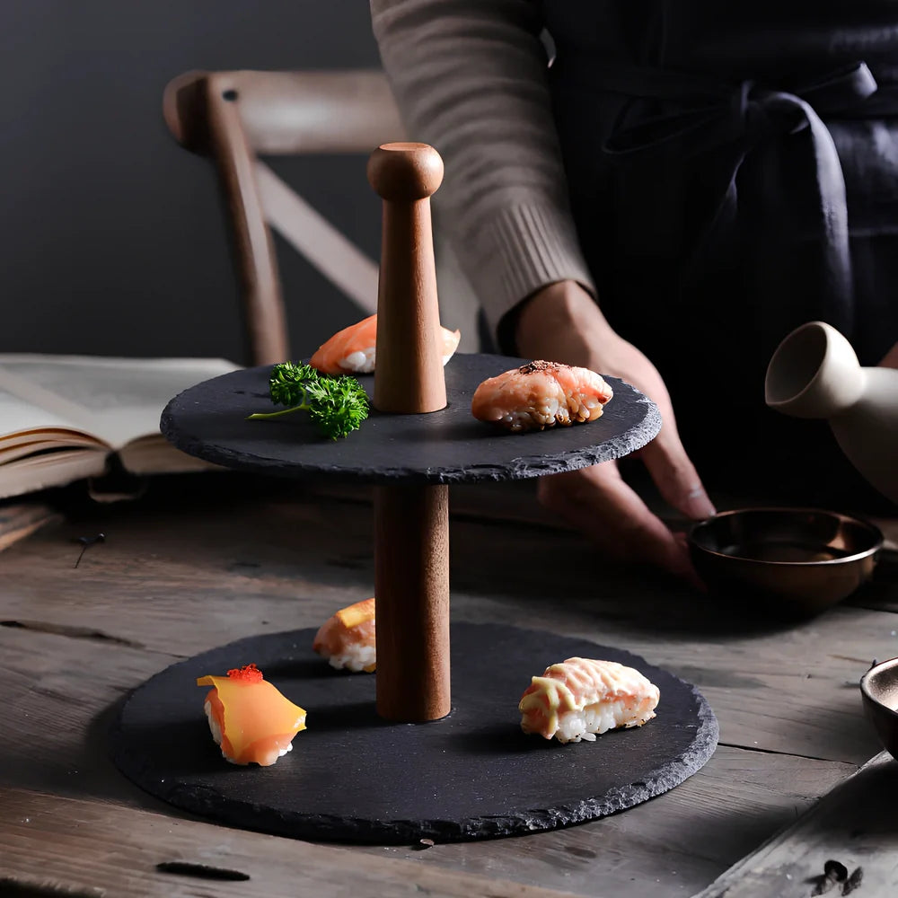 Wooden multi-layer cake plate with hand-painted decoration showing three round serving levels