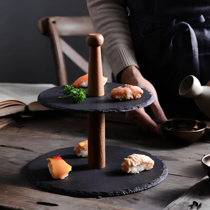 Wooden multi-layer cake plate with hand-painted decoration showing three round serving levels
