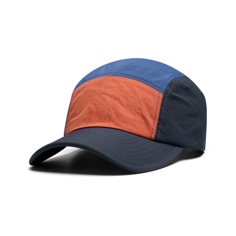 Men's khaki baseball cap with curved brim showing five-panel construction and adjustable strap