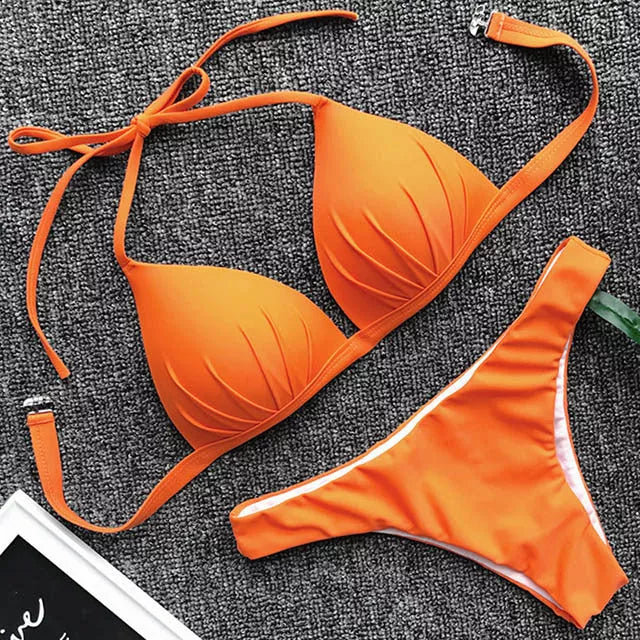 One-piece bra hanging neck bikini in various colors for swimming and wading sports