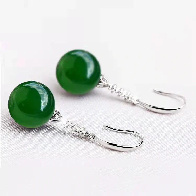 Elegant silver-tone earrings with green agate gemstones for women