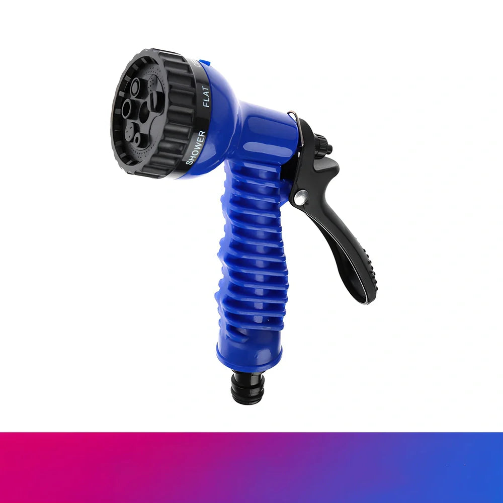 Telescopic garden hose sprinkler with ABS plastic gun head and handle, showing extended length for watering