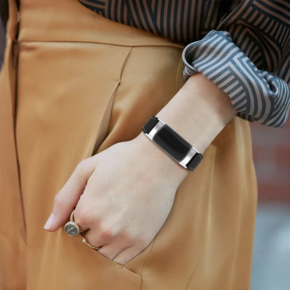 Genuine leather strap for Fitbit charge5 and charge6 in selected colour with adjustable buckle showing 5.5-8.1 inch length