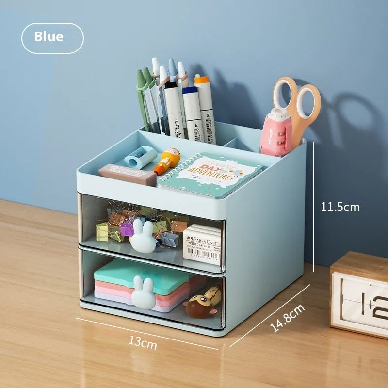 Transparent partitioned desktop storage box with drawer design for organising cosmetics and stationery