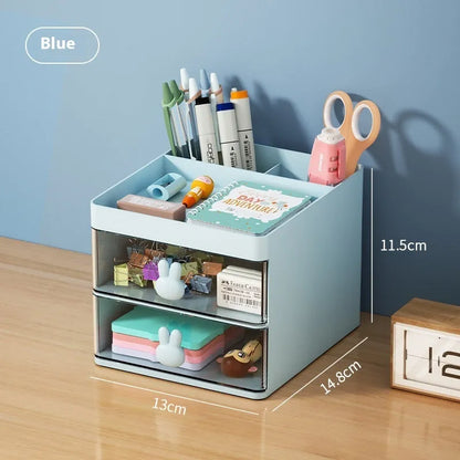 Transparent partitioned desktop storage box with drawer design for organising cosmetics and stationery