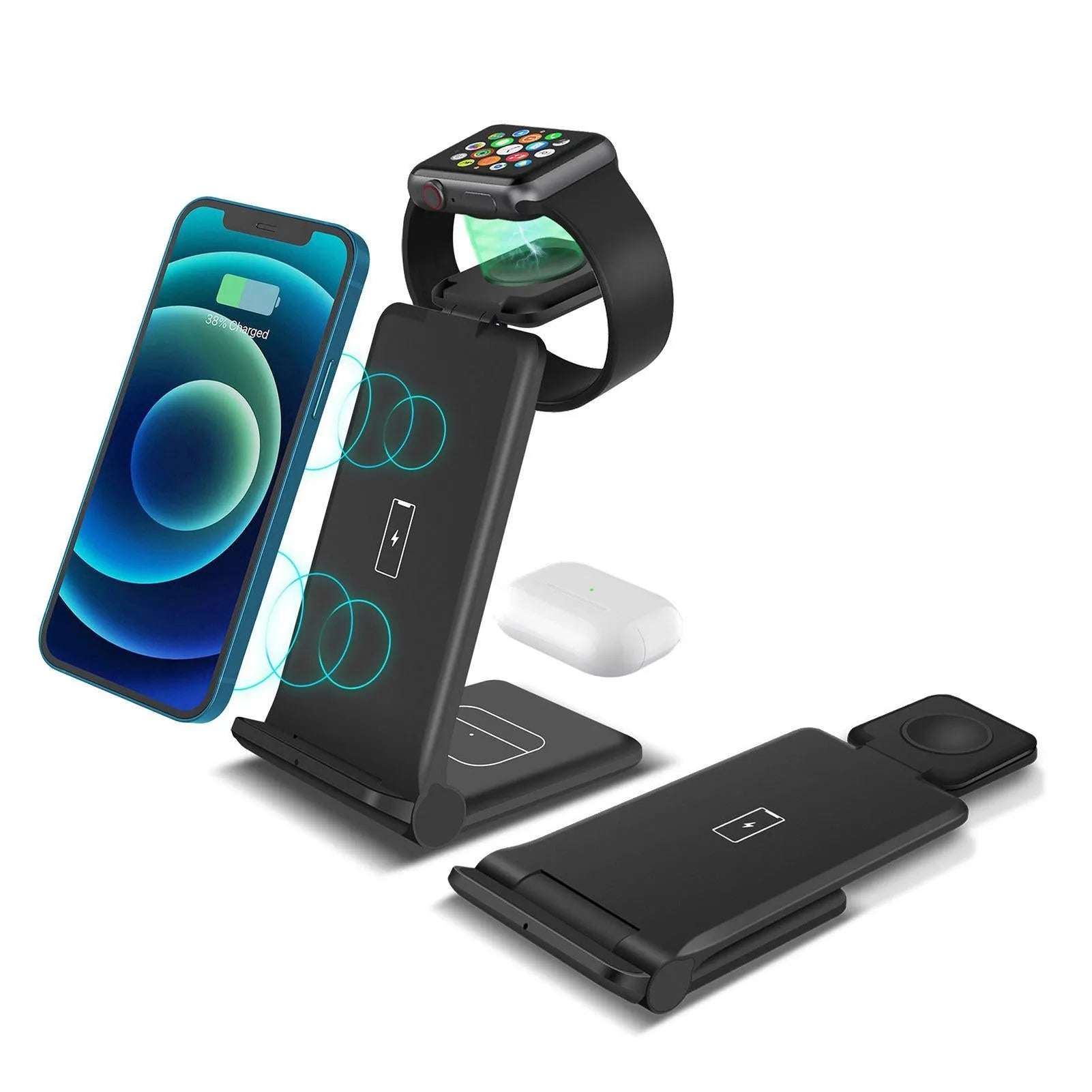 White 3-in-1 wireless charging station dock for iPhone, Samsung phone, Apple Watch and AirPods