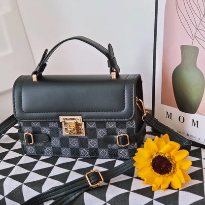 Retro square pattern crossbody bag in apricot colour showing 19.5x7.5x12cm dimensions and adjustable shoulder strap