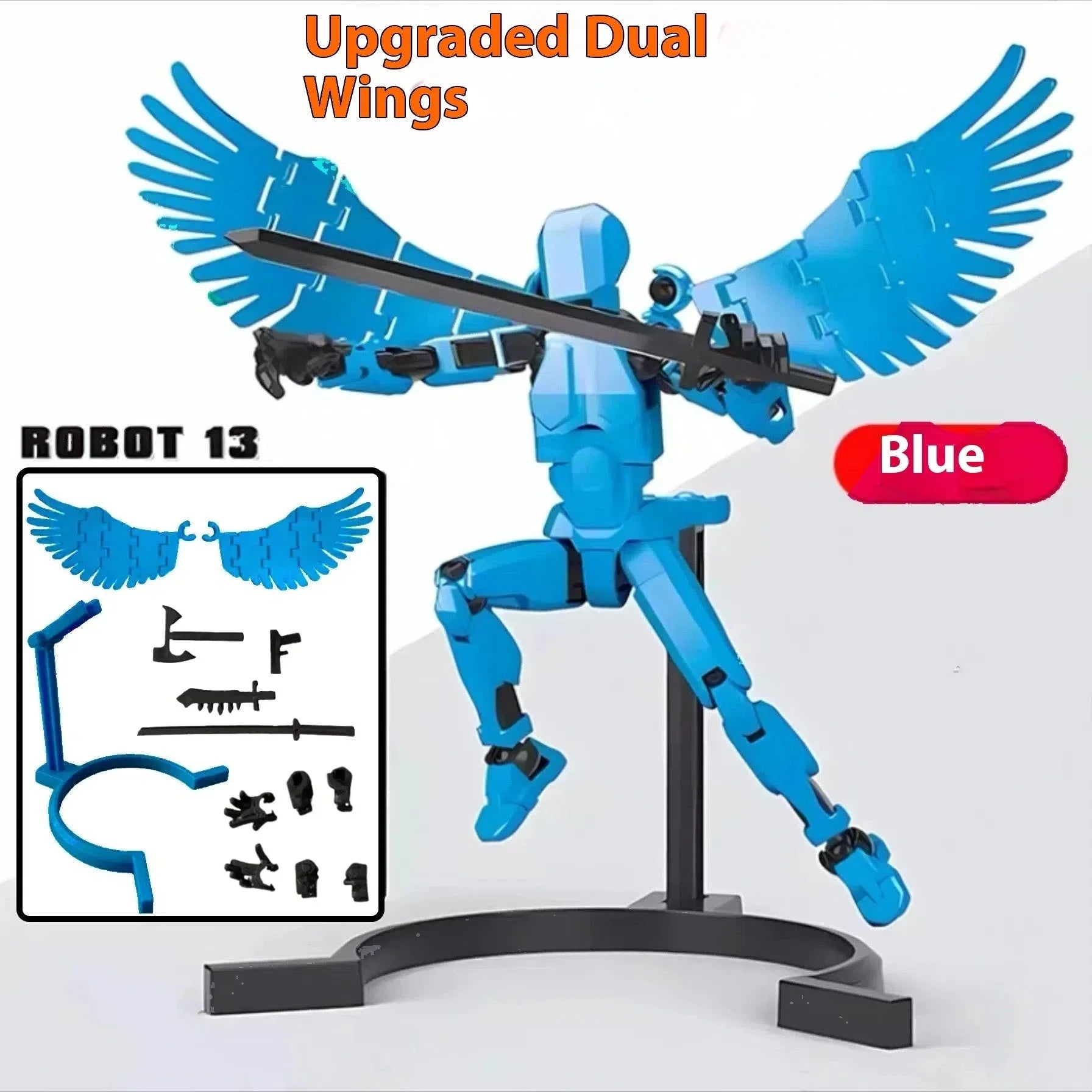 Highly posable 3D printed robot mannequin toy with interchangeable accessories, including wings and weapons