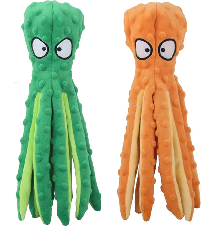 Blue octopus plush dog toy with tentacles, unfilled design with crinkle paper and squeaker sounds