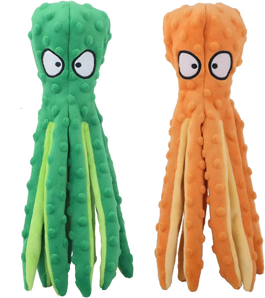 Blue octopus plush dog toy with tentacles, unfilled design with crinkle paper and squeaker sounds