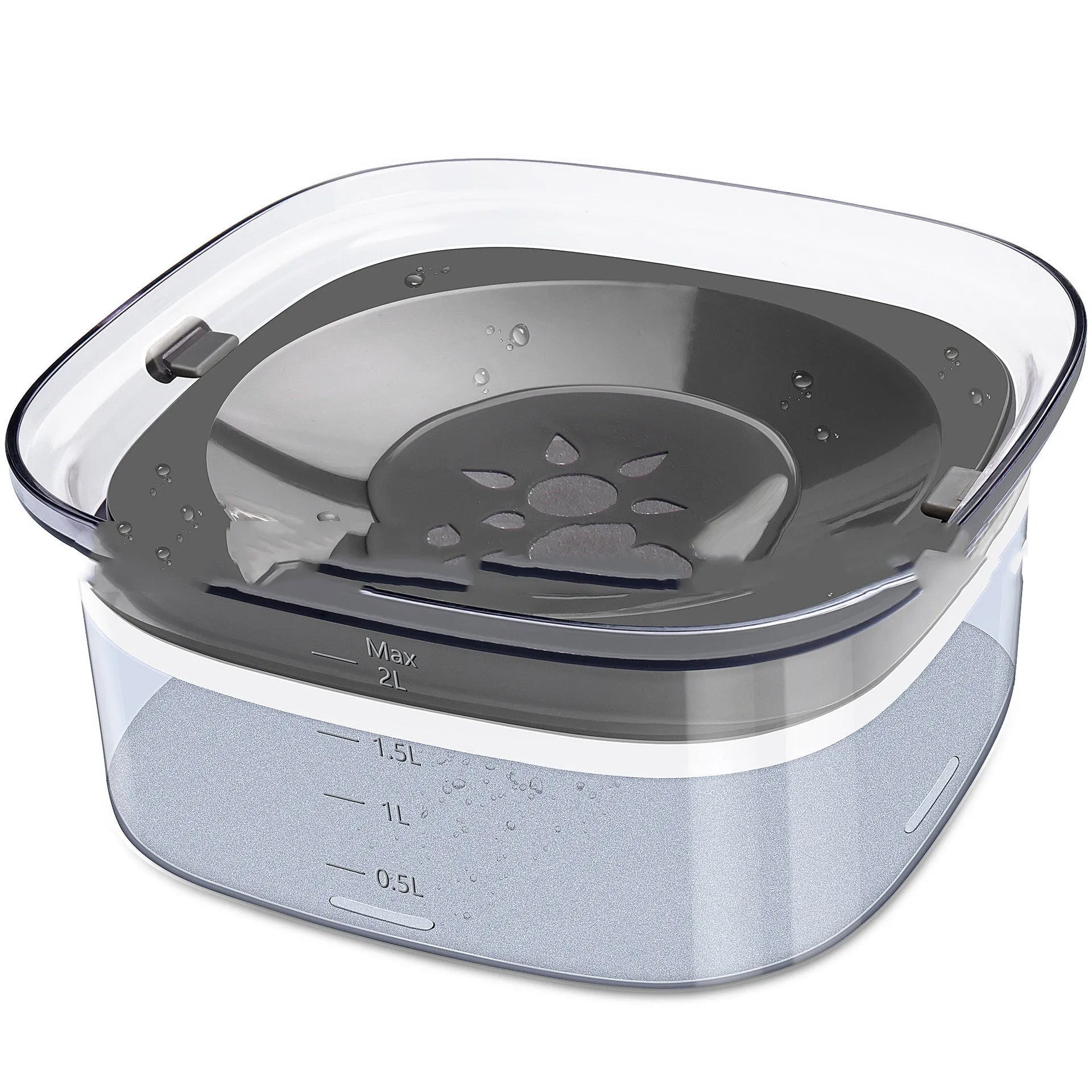 Transparent 2L dog water bowl with floating slow-feeding disk and non-slip base