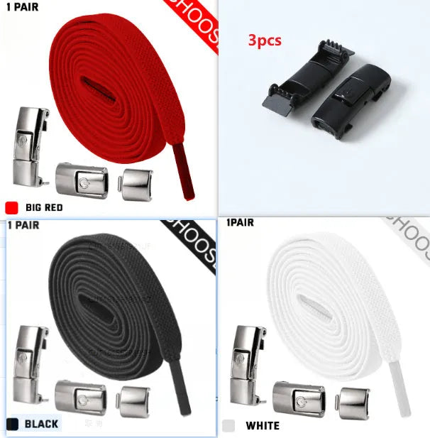 A pair of black widened flat elastic shoelaces with a silver press lock buckle on a white background.