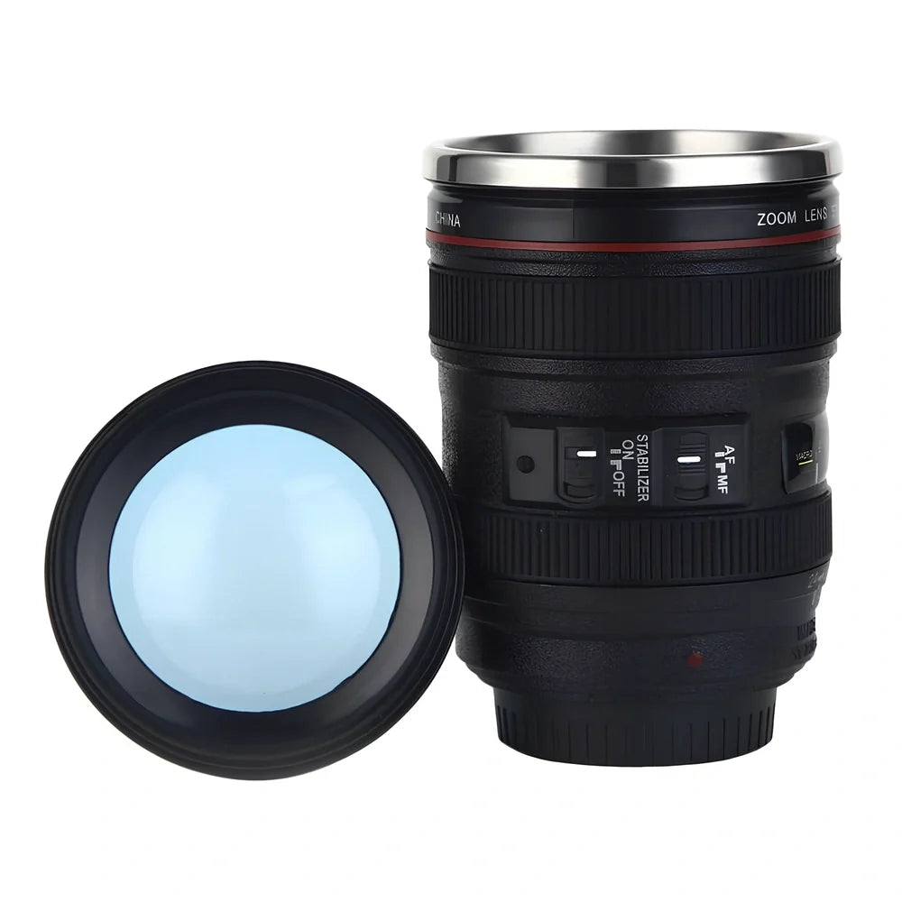 Stainless steel camera lens design travel mug with 400ml capacity and insulation