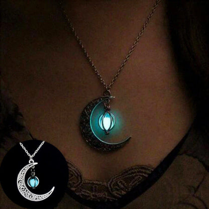 Luminous moon-shaped pendant necklace in various colors, glowing in the dark and emitting a soft, enchanting light