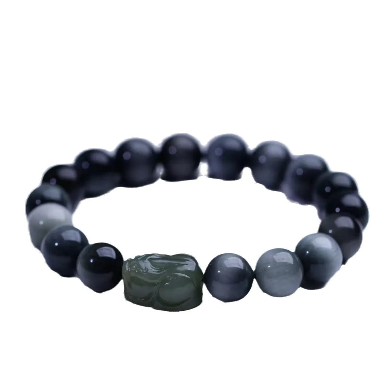 Black bracelet with 10mm Eagle Eye Stone beads and genuine Hetian jade Pixiu pendant