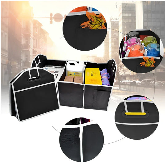 Black folding car storage box with three compartments and multiple pockets measuring 50x32.5x32.5cm