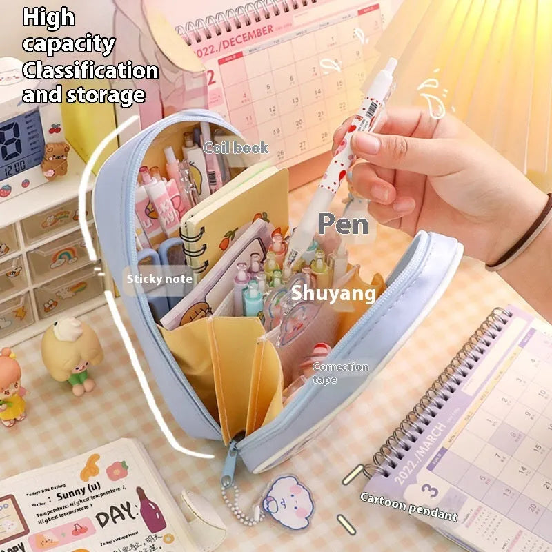 Cartoon stationery box large capacity transparent PVC pencil case Korean style student school supplies, available in vertical-candy bear, pink floral rabbit, water blue happy dog, and purple blue bread dog designs
