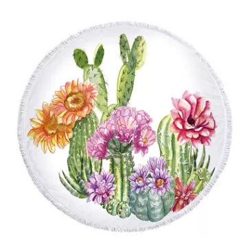 Round microfiber beach towel with cactus design, 60 inches in diameter