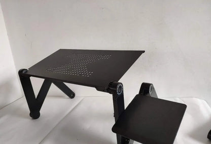 Black aluminium folding computer desk with adjustable legs and non-slip baffles for laptop stability