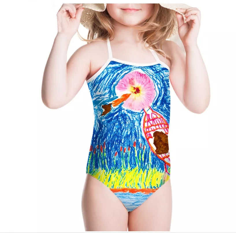 Customizable children's one-piece swimwear with personal picture option