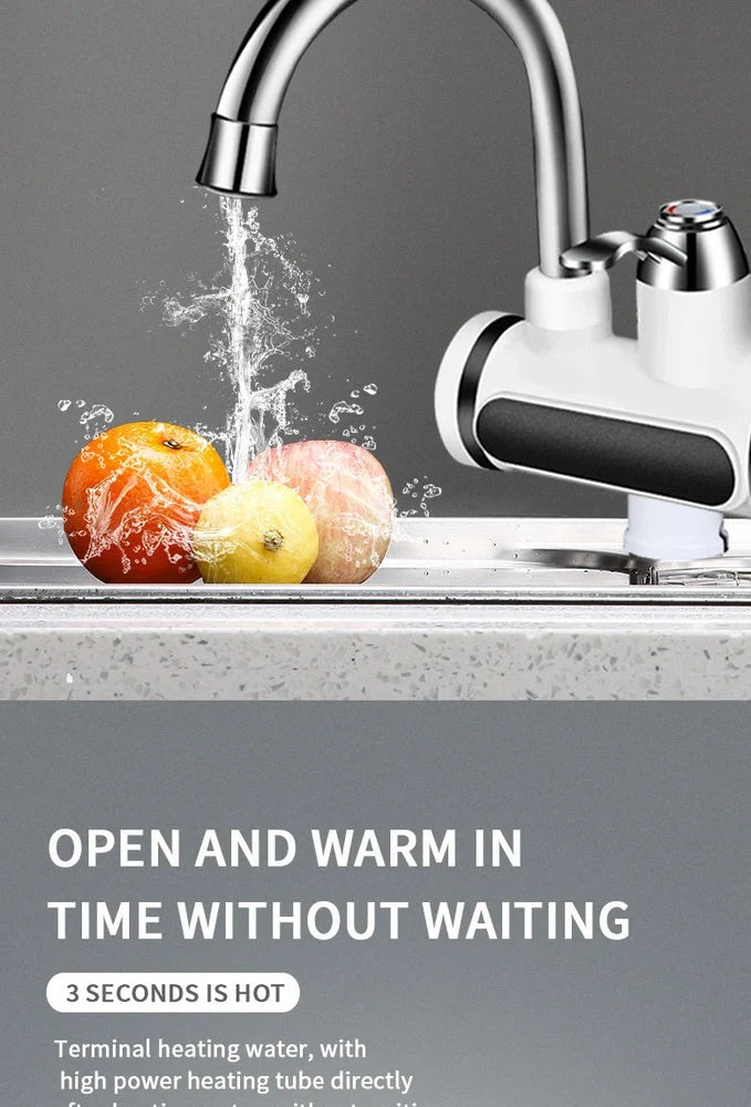 White kitchen electric water tap with digital temperature display showing instant heating capability