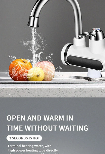White kitchen electric water tap with digital temperature display showing instant heating capability