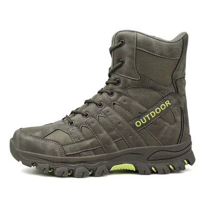 Men's high-top tactical boots in black, green, and grey with wear-resistant rubber outsoles