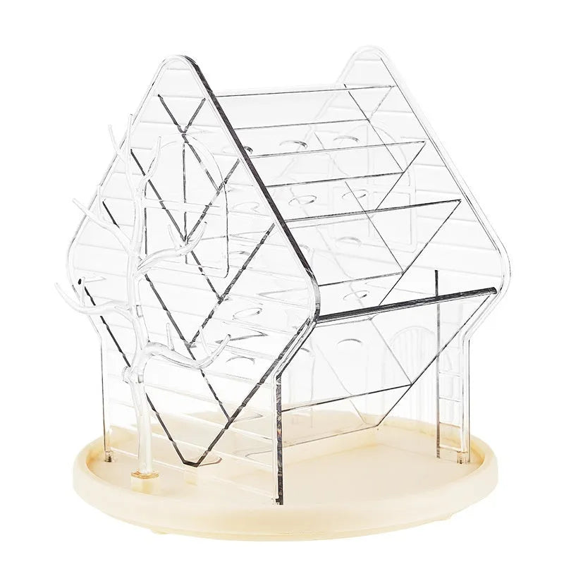Rotating cosmetics storage box with 360° rotation in clear or amber gold plastic, odour-free construction
