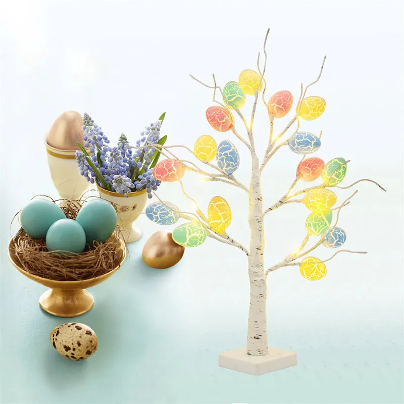 White birch-style LED Easter tree with warm white lights and cracked egg decorations on adjustable branches