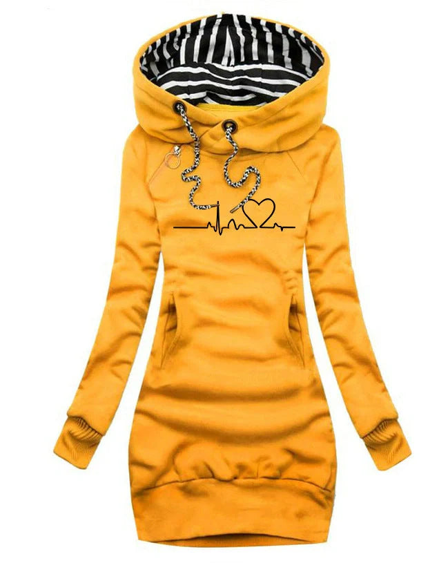 Women's heart print hoodie in black, yellow, army green, and navy blue with long sleeves and pockets