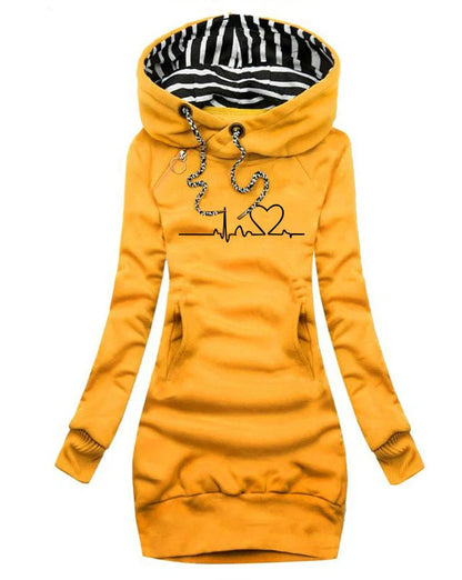 Women's heart print hoodie in black, yellow, army green, and navy blue with long sleeves and pockets