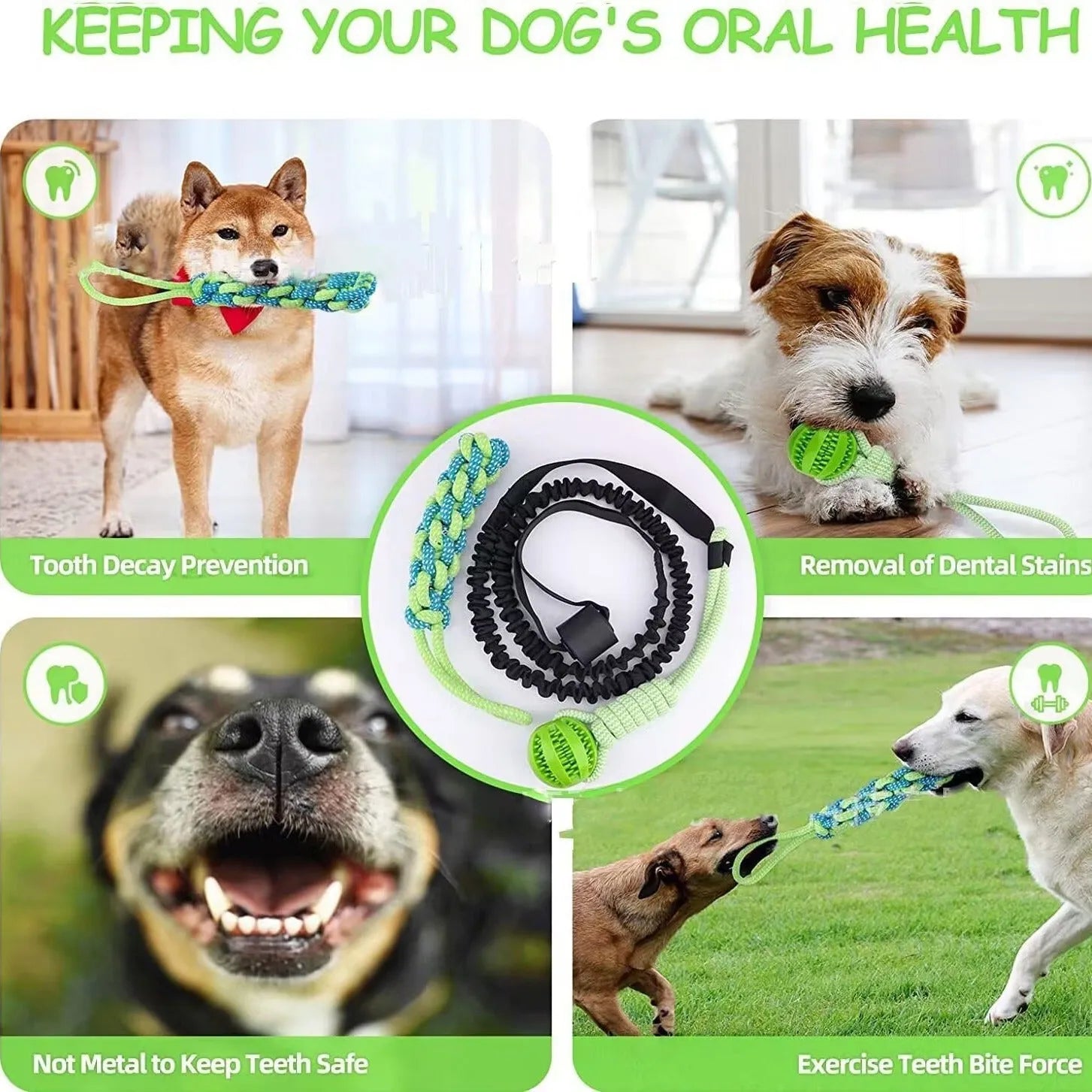 Green corncob dog tug rope toy made from cotton thread for indoor and outdoor play