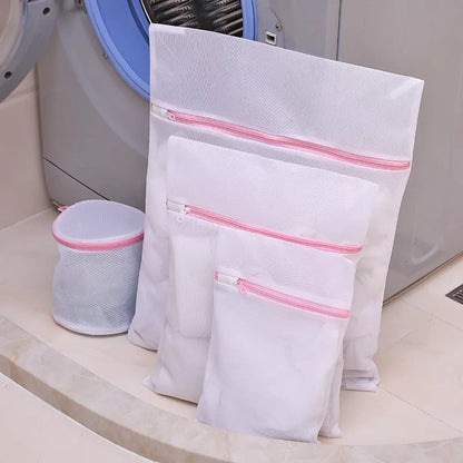 White nylon mesh laundry bag set for delicate garments protection