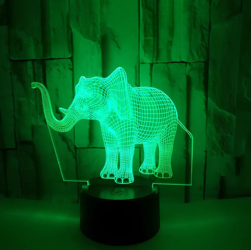 3D elephant LED table lamp with colourful illumination and touch control base measuring 87x87x42mm