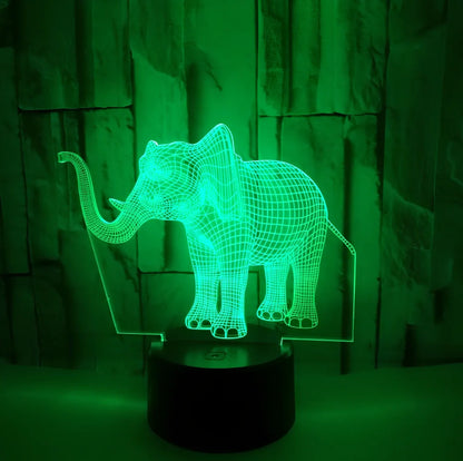 3D elephant LED table lamp with colourful illumination and touch control base measuring 87x87x42mm