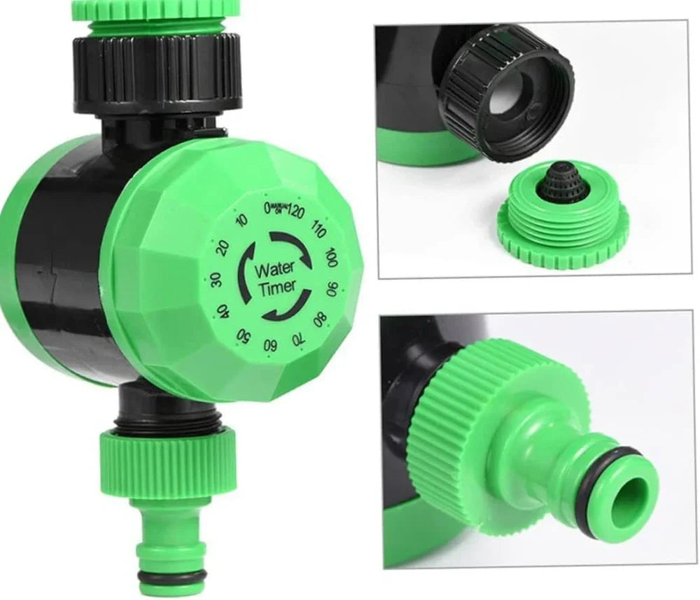 Plastic mechanical garden irrigation timer, 140mm size, connected to outdoor faucet with hose, showing 120-minute dial and auto shut-off feature