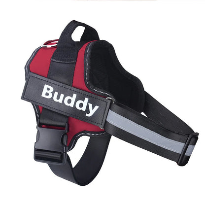 Personalised dog harness with reflective straps and adjustable chest fitting showing no-pull design