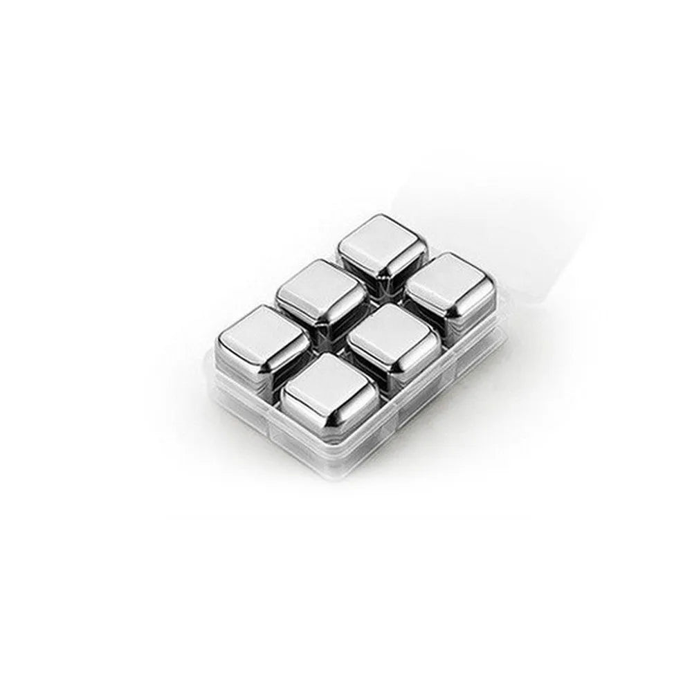 Set of eight stainless steel whiskey cooling stones with metal clip in plastic storage container