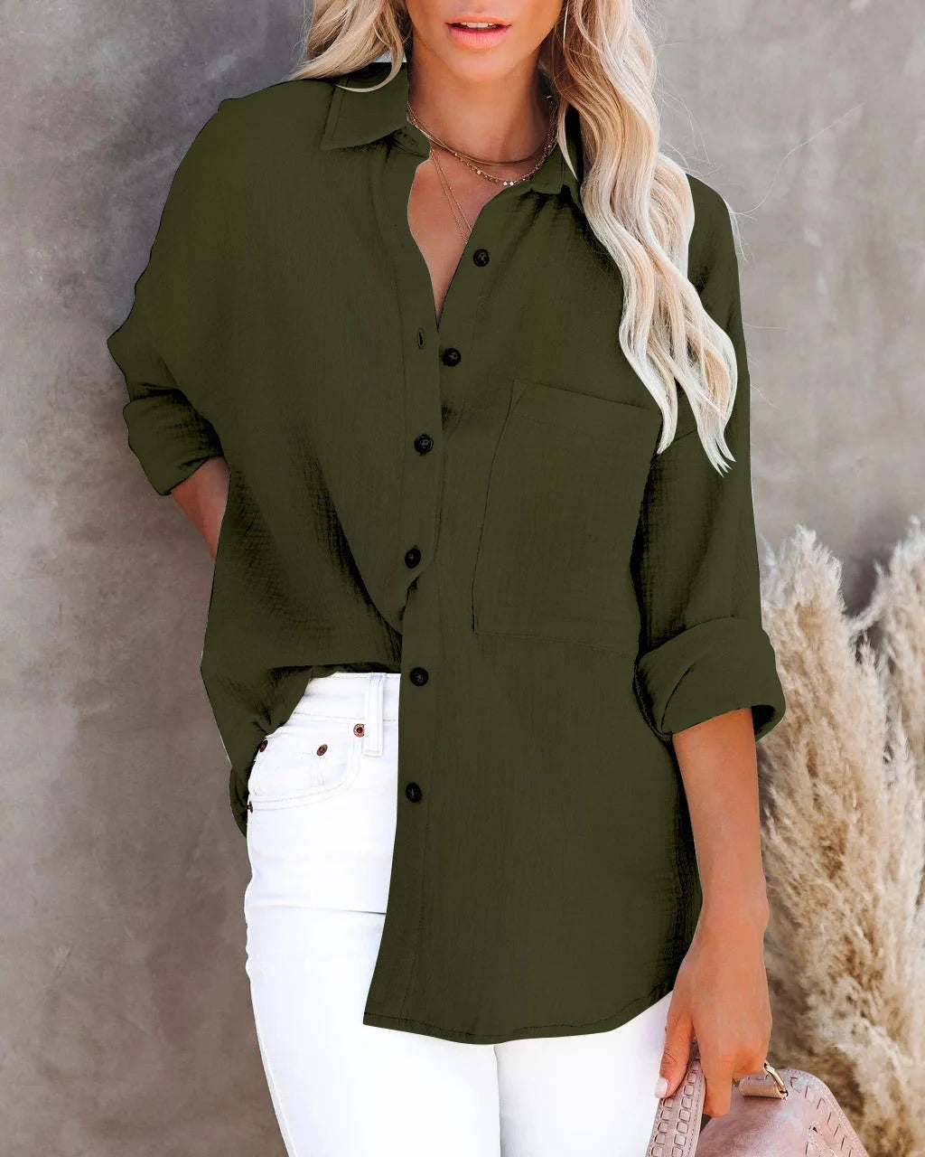 Women's long sleeve V-neck button shirt in cotton linen blend, available in multiple colors