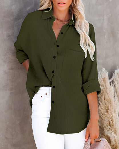 Women's long sleeve V-neck button shirt in cotton linen blend, available in multiple colors