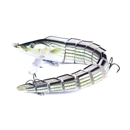 A multi-section articulated fishing lure imitating a loach, shown in one of five colour variants, measuring 23 cm.
