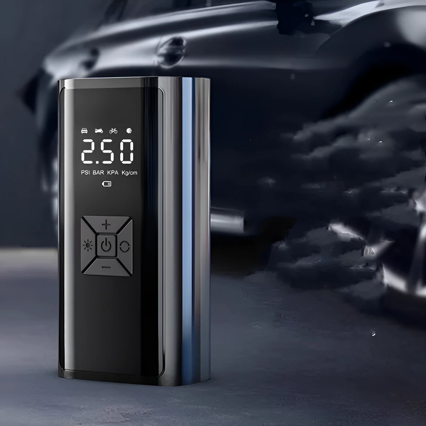 Portable wireless digital car tyre pump with dual display showing pressure readings