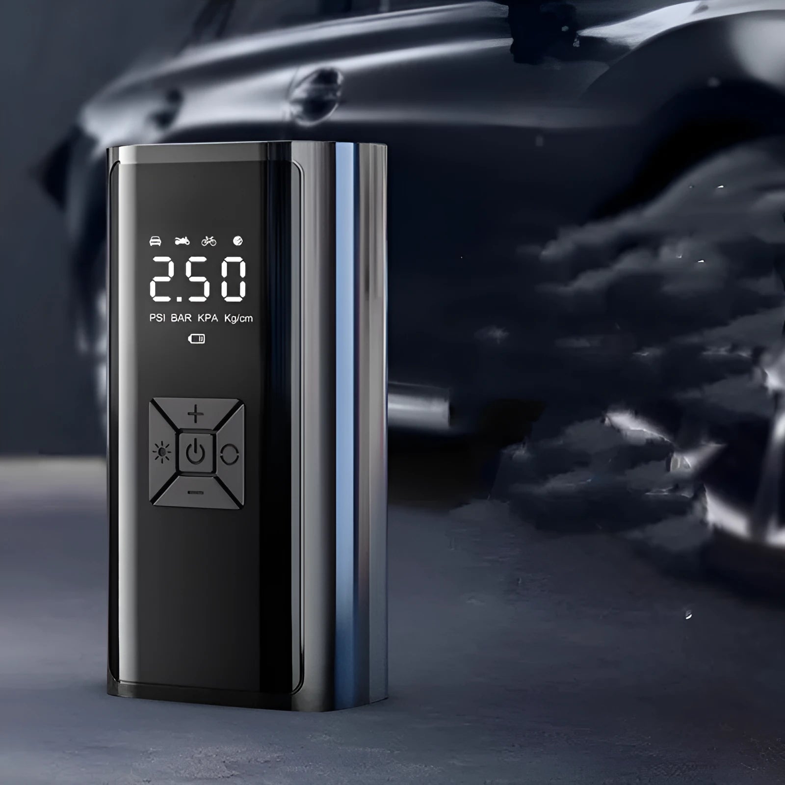 Portable wireless digital car tyre pump with dual display showing pressure readings