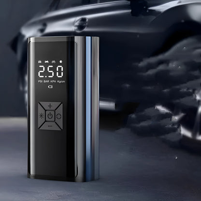 Portable wireless digital car tyre pump with dual display showing pressure readings