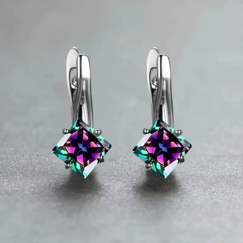 Diamond design earrings with inlaid zircon stones in copper, showing light luxury style for women in blue, green, and colour options.