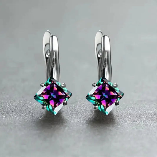 Diamond design earrings with inlaid zircon stones in copper, showing light luxury style for women in blue, green, and colour options.