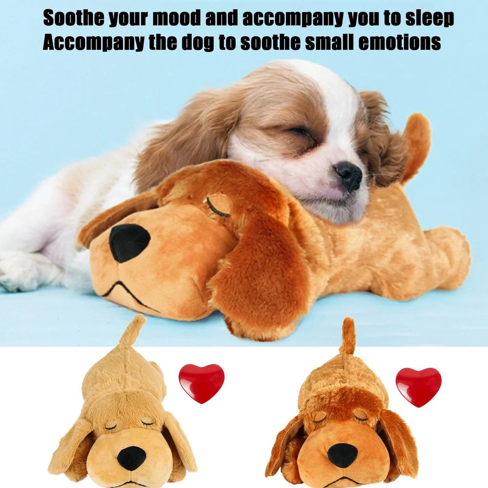 Light brown plush dog toy measuring 37cm long with heartbeat accessory for pet anxiety relief
