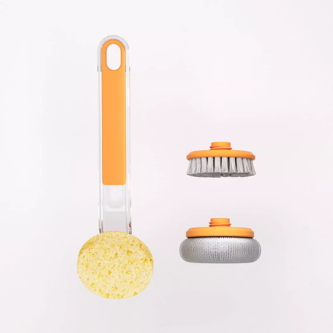 Long-handle multi-functional frying wok brush in white, orange, blue, and green for efficient kitchen cleaning